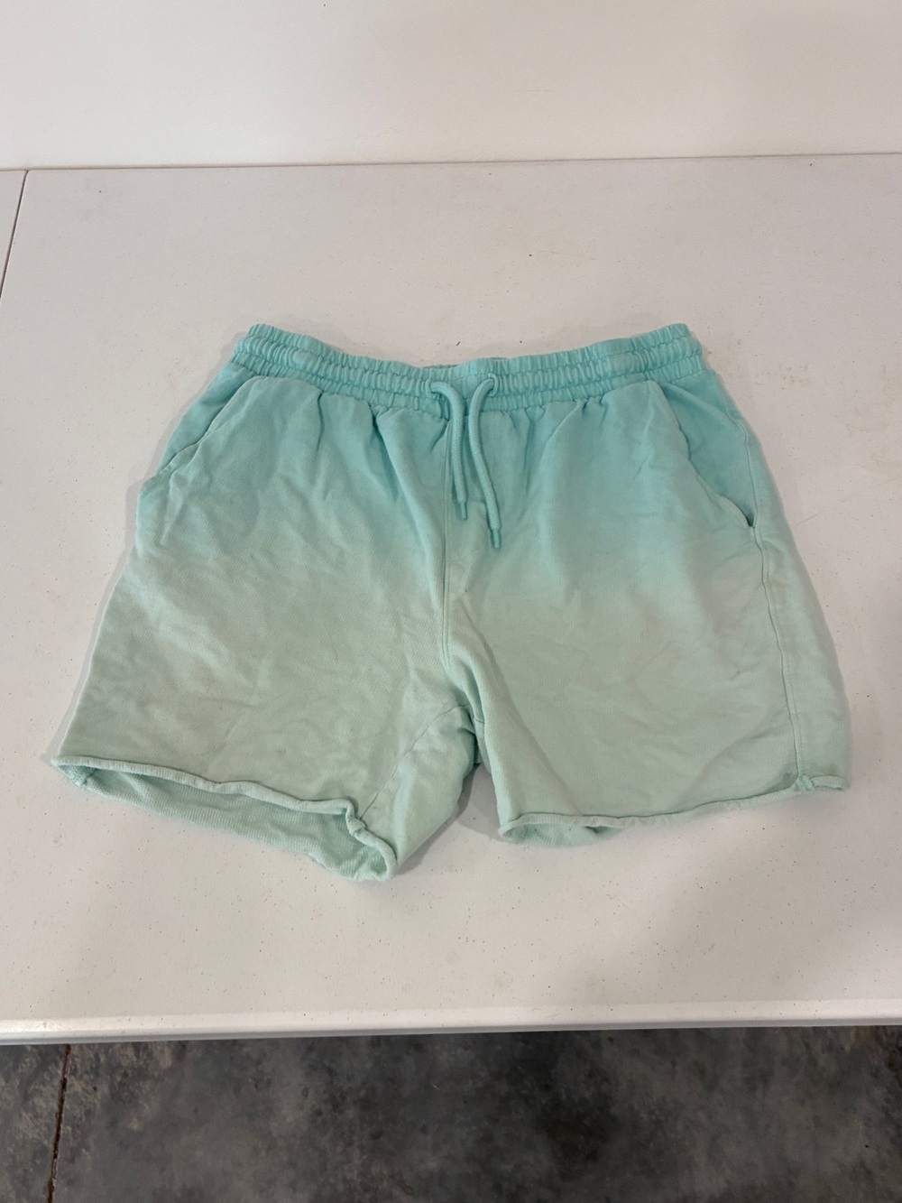 Original Use Mens Ombré Blue Mint French Terry Sweat Shorts Size Small Raw Hem